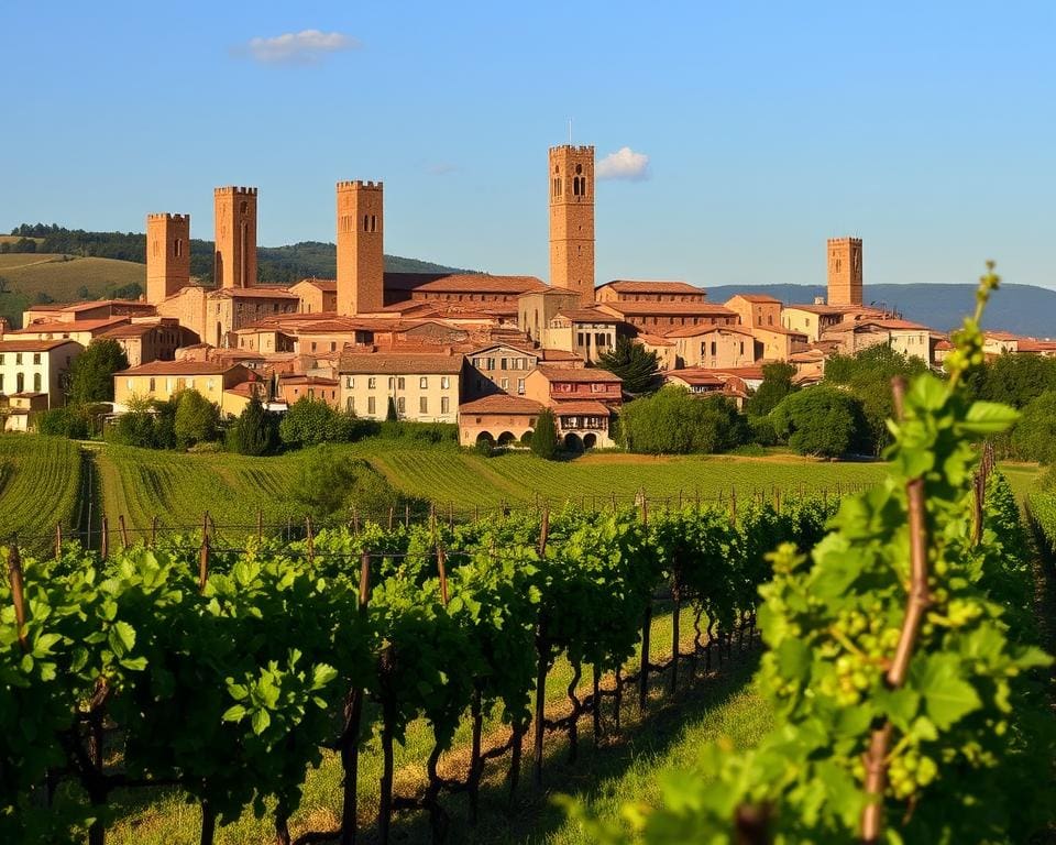 Torres medievales en San Gimignano sobre viñedos